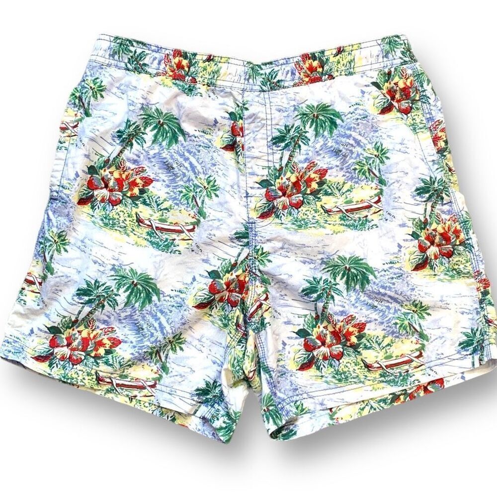 Cremieux Swim Trunks Blue Red Tropical Hibiscus Floral Palm Print‎ Lined Shorts
